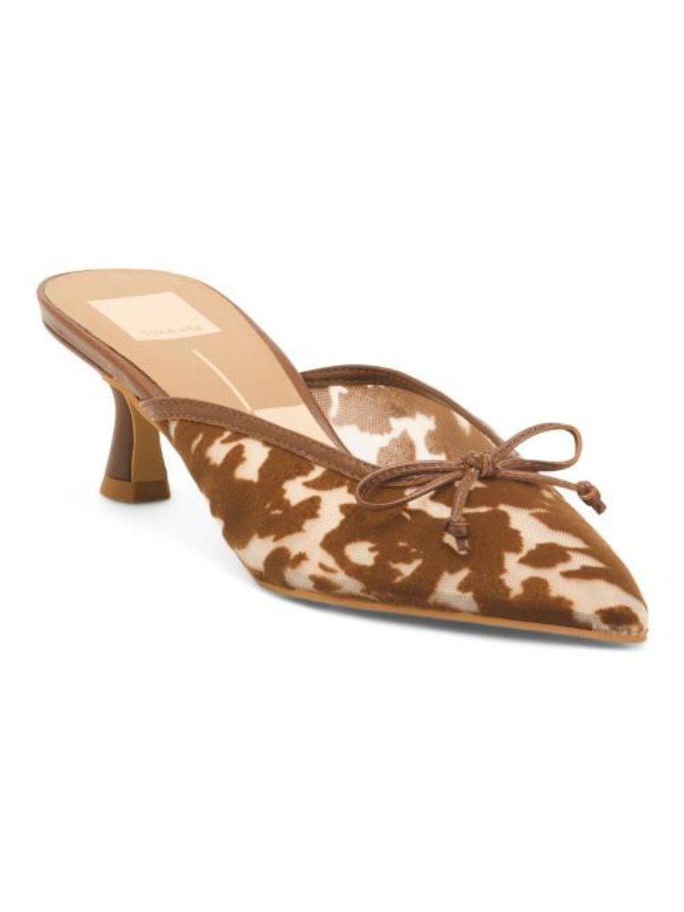 Dolce Vita Brown And White Cowhide Pointed-Toe Kitten Heel Mules